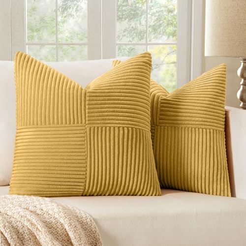 MIULEE Golden Mustard Decorative Throw Pillow Covers for Couch 16x16 Inch | 2 Pack, Boho Farmhouse Pillow Covers, Soft Cross Corduroy Patchwork Textured Cushion Cases For Bed Sofa - color: Golden Mustard, size: 16" x 16" (Pack of 2)