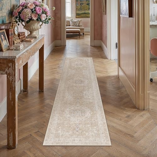 Hallway 2x8 Runner Rugs Washable Rugs | Living Room Rug,Vintage Rug,Bedroom,Dining Room,Office,Farmhouse,Non-Shedding,Non Slip,Low Pile,Soft - color: Beige Ⅱ, size: 2' x 8' (Runner)