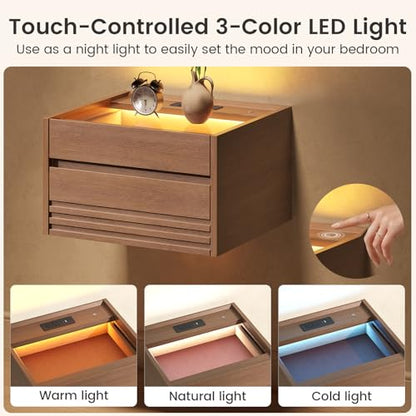Floating Nightstand Set of 2with Charging Station and LED, Brown | Wall Mounted with Touch Control Light, Fluted Glass Drawer, Bedside Table for Small Spaces, Easy Assembly