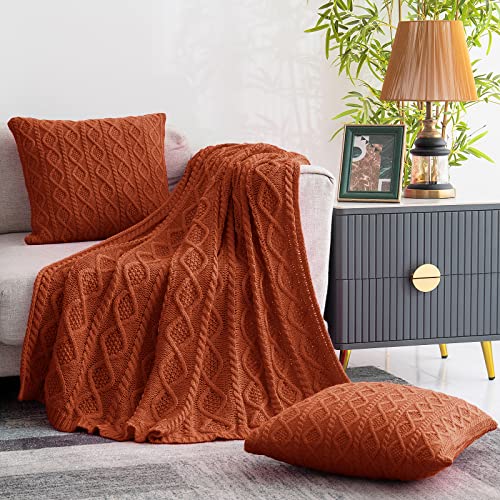 Homiest Rust Cable Knit Throw Blanket Set of 3, with 2 Pillow Covers | Pure Acrylic, Lightweight & Breathable, All-Season Use, Machine Washable, Wrinkle & Fade Resistant, for Couch Bed And Sofa - color: Rust, size: 50 x 60 Inch Blanket & 18 x 18 Inch Pill