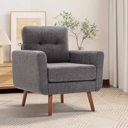 Tbfit Accent Chair, Reading Chair for Living Room & Bedroom, Mid Century Modern Arm Chair, Button Tufted Upholstered Accent Chairs Sofa with Solid Wood Frame, Grey - color: Grey, size: Single