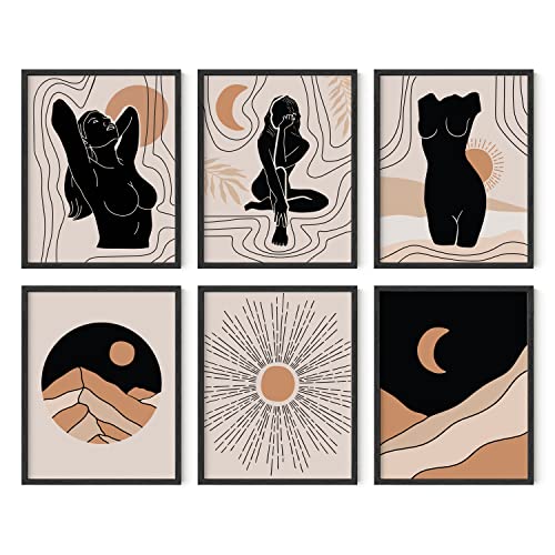 HAUS AND HUES Boho Neutral Wall Art - Set of 6 Boho Mid Century Modern Wall Art | Aesthetic Prints for Wall, Bohemian Wall Decor (11x14 Unframed) - color: Midcentury Woman, size: 11"L x 14"W