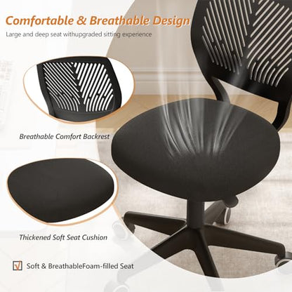 JPBSTO Armless Desk Chair, Height Adjustable Swivel Office Rolling Task Chairs with Soft Mesh Padded Cushion, Ergonomic Small Study Computer Chair for Girls Boys Teens, Black - color: All Black