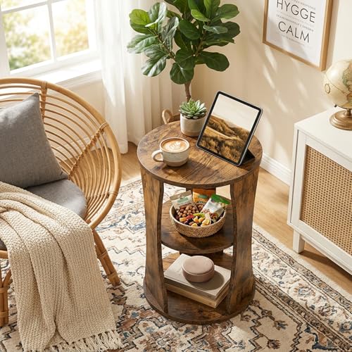 Round Side Table, 3-Tier Small End Table with Storage Shelves, Wooden Accent Table for Living Room, Bedroom, Rustic Brown ET15BR - color: Rustic Brown