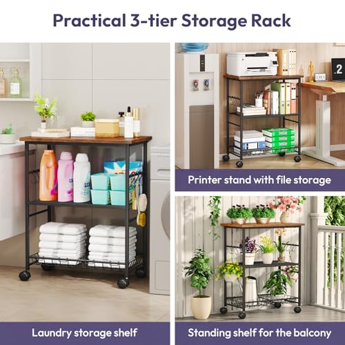 SWTYMIKI Rolling Kitchen Microwave Cart - 3 Tier Microwave Table Stand with Storage Basket and Hooks, Kitchen Utility Cart on Wheels, Coffee Cart Shelf Rack Organizer for Living Room Office, Balcony - color: Brown