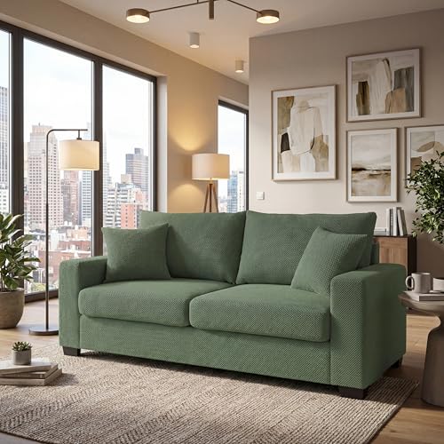 Two-Seater Sofa with Textured Fabric, Dark Green - Comfortable Upholstered Couch with 2 Throw Pillows and Sturdy Plastic Legs for Living Room, Apartment, Office - color: Dark Green