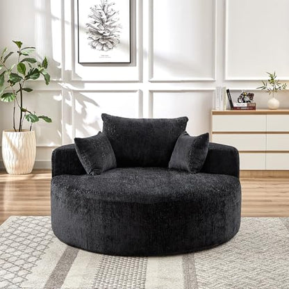 55" Oversized Round Chaise Longue Chair Indoor, Upholstered Chenille Circle Single Cloud Reading Sofa Chair Deep Seat Modern Boneless Sleeper Couch No Assembly Required, Black - color: Black, style: 55"Chenille