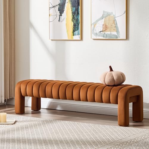 63" Bedroom Bench, Upholstered Entryway Bench, Modern End of Bed Ottoman with Solid Wood Legs and Adjustable Foot Pegs for Entryway, Dining Room and Living Room (Brown Velvet) - color: Brown Velvet, size: 63"
