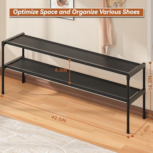 Extra Long Shoe Rack 2 Tier Wide Shoe Storage Organizer | Sturdy Durable Shoes Rack for Closet, Entryway, Dorm, Save Space Stackable Shoe Shelf Stand Holder - color: Black, size: 2Tier 14.3"H