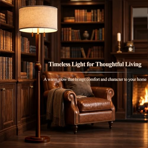 MOFFE Solid Wood Floor Lamp for Living Room with Wooden Pull Chains | 62.8" Tall,Sculptural Wood Base & Stem,17" Linen Drum Shade,2-Light Standing Lamp for Bedroom & Reading Corner,Bulbs Included - color: Espresso Walnut