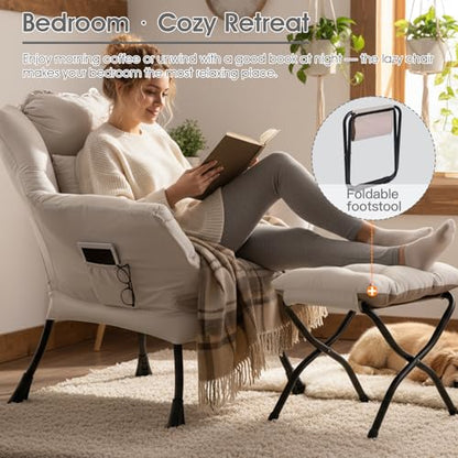 Lazy Chair with Ottoman, Comfy Reading Chair for Bedroom，Beige | Comfy Bedroom Accent Chair with Washable Removable Cover and extra throw pillow for Living Room Dorm - color: Peach Beige-1