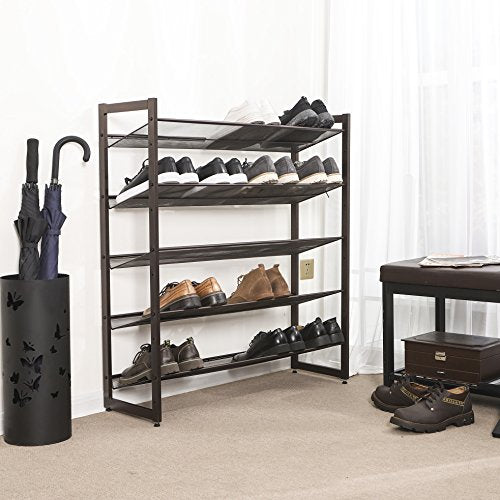 SONGMICS Metal Shoe Rack, 5-Tier Shoe Orgainzer, Holds 20-25 Pairs | Stackable Shoe Storage Shelf for Garage, Adjustable Flat or Angled Shelves, Bronze, DARREN Collection ULMR05A - color: Bronze, size: 5 Tiers (36.4''W)