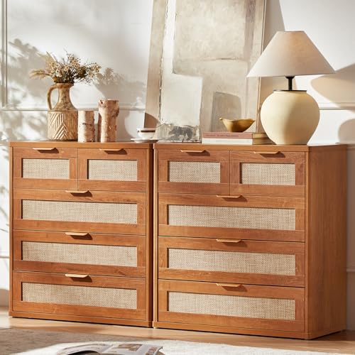 LEYAOYAO Rattan Dresser for Bedroom, 33.5" Small Chest of Drawers | Gold Metal Handle, Modern 5 Drawers Boho Dressers with Storage for Living Room, Hallway - color: Tea Brown, size: 15.5"D x 31.5"W x 33.5"H (5 Drawers)