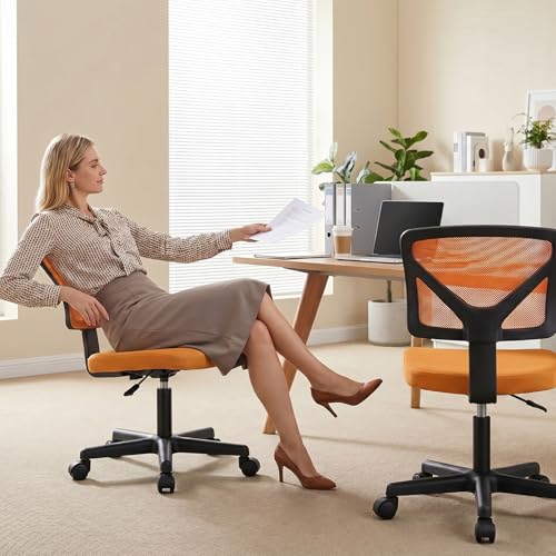 OLIXIS Armless Home Office Chair, Ergonomic Small Desk Chair | Mesh Back, Removable Washable Foam Cushion, Height Adjustable, Rolling Swivel Wheels, Small Space, Dark Orange - color: Dark Orange
