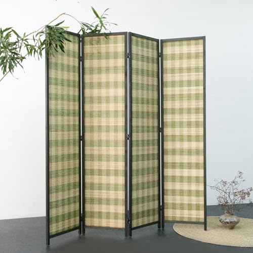 4 Panel Bamboo Room Divider, Green Stripe Folding Privacy Screen | 5.6 ft Folding Screen Divider, Divider for Room Separation, Freestanding Room Partition Screen, Double-Sided Panel Screen - color: Green Stripe, size: 4 Panel