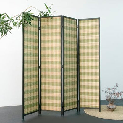 4 Panel Bamboo Room Divider, Green Stripe Folding Privacy Screen | 5.6 ft Folding Screen Divider, Divider for Room Separation, Freestanding Room Partition Screen, Double-Sided Panel Screen - color: Green Stripe, size: 4 Panel