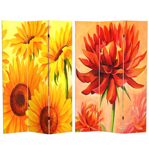 Red Lantern 6 ft. Tall Double Sided Poppies and Sunflowers Canvas Room Divider 3 Panel Freestanding Folding Privacy Screen Partition and Separator for Modern and Contemporary Bedroom Home Office Dorm - color: Poppies/Sunflowers