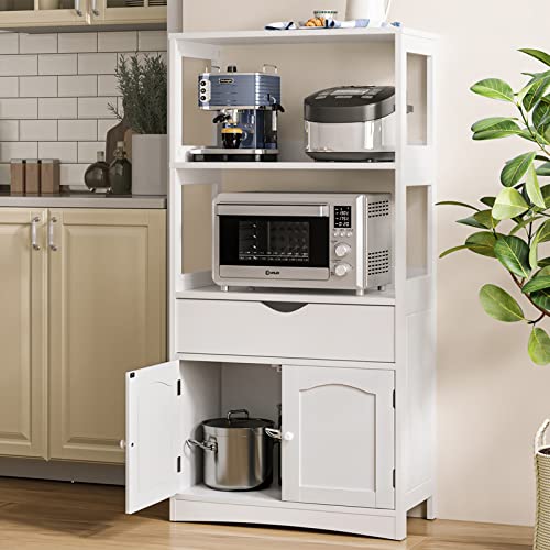 DICTAC Kitchen Pantry Storage Cabinets with Shelves,Drawer and Doors,Microwave Cart with Storage,Freestanding Floor Sideboard Cabinet with Microwave Space,Bookshelf,Display Unit for Home,White - size: 23.62x13x48.03inch