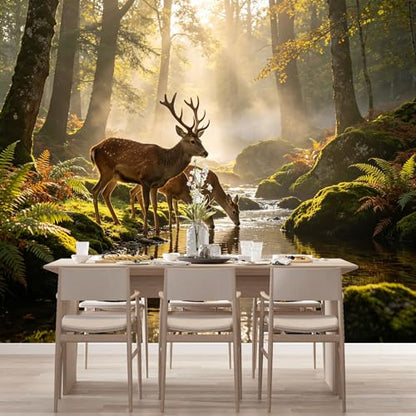 Custom Size Wall Murals Forest Landscape Deer Creek Morning Light Water Reflection SelfAdhesive Wall Fabric Removable Large Wallpaper for Photo Living Room