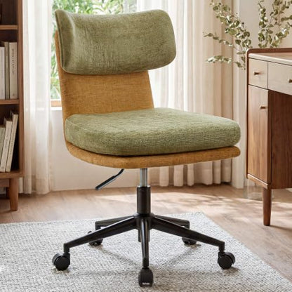 COMHOMA Home Office Desk Chairs with Ergonomic Curved Backrest, Mid Century Modern Vanity Chair with Wheel for Bedroom, Chenille Upholstered, Green - color: Green, Chenille