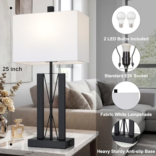 Lolikit 25" Table Lamps for Living Room Set of 2, Modern Table Lamp with 2 USB Charging Ports, Nightstand Geometric Bedside Lamp with White Shade for Bedroom End Table Desk Office(2 LED Bulb Included) - color: White - 25"H