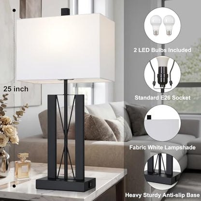 Lolikit 25" Table Lamps for Living Room Set of 2, Modern Table Lamp with 2 USB Charging Ports, Nightstand Geometric Bedside Lamp with White Shade for Bedroom End Table Desk Office(2 LED Bulb Included) - color: White - 25"H