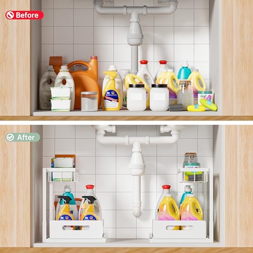 Under Kitchen Sink Organizer 2 Tier, Pull Out Bathroom Sink Organizers and Storage, Cabinet Kitchen Bathroom Storage Organization Shelf, 2 Pack White