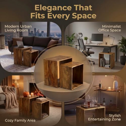 Relso Cascade Nesting Tables for Living Room with Premium Sheesham Wood Construction | Nesting End Tables with Smooth Curved Edges for Safety and Sophistication | Solid Wood Nesting Tables Set of 2 - color: Sheesham Natural