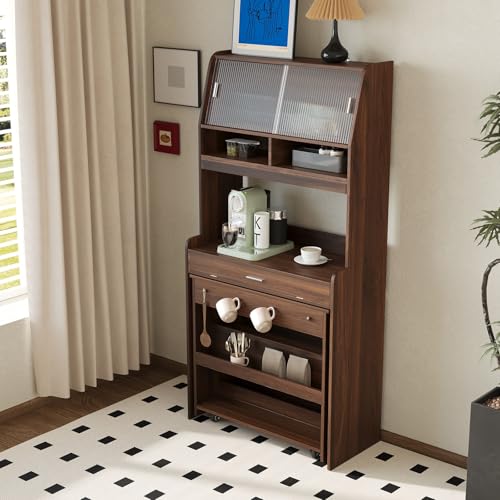 Wood Buffet Cabinet with Folding Dining Table, Craft Cabinet with Fold Out Table and Storage Shelf, Hooks, Multifunctional Cupboard for Small Places,Studio, Apartment (Walnut) - color: Walnut