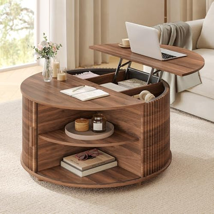 Round Lift Top Coffee Table, 34.6" Modern Coffee Table with 180° Curved Sliding Door, Fluted Accent Coffee Tables with Hidden Storage and Open Shelves, for Living Room, Office, Walnut - color: Walnut
