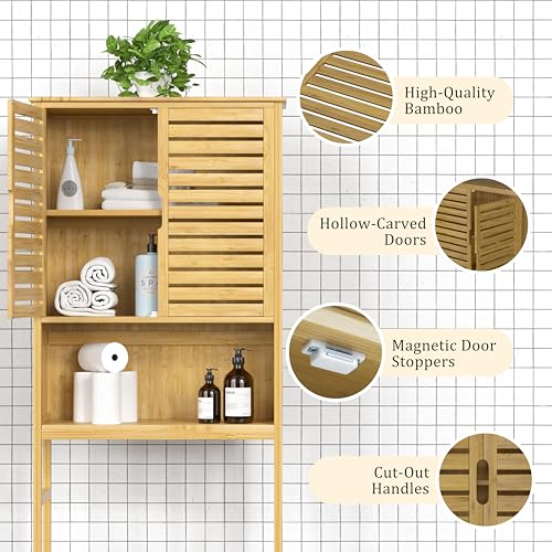 Yardenaler Over-The-Toilet Storage Shelf with Doors, Bathroom Freestanding Bamboo Organizer Space Saver with Adjustable Shelf, Natural - color: Natural