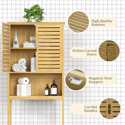 Yardenaler Over-The-Toilet Storage Shelf with Doors, Bathroom Freestanding Bamboo Organizer Space Saver with Adjustable Shelf, Natural - color: Natural