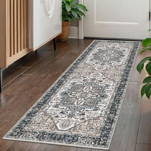 KOZYFLY Runners for Hallways 2x5 Ft Washable Kitchen Runner Rug Boho Runner Rug for Entryway Indoor Printed Oriental Faux Wool Floor Carpet Runner for Laundry Room Kitchen, Blue Gray Black & Beige - color: Blue Gray Black & Beige, size: 2' x 5' (Runner)