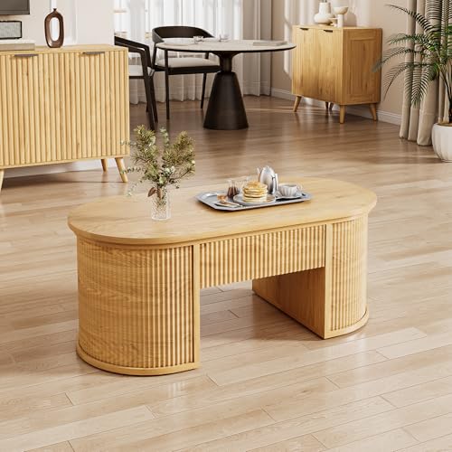 47.2" Oval Fluted Lift Top Coffee Table with Hidden Compartment, Natural | Lifting Tabletop,Timeless Fluted Wood Aesthetic,Spacious Hidden Storage,Supporting up to 150 lbs - color: Natural
