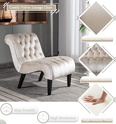Comfy Velvet Accent Chair, Tufted Armless Side Chair with Rolled Edge | Modern Small Lounger for Living Room, Upholstered Reading Chaise Lounge with Solid Rubber Wood Legs, Beige - color: Beige, size: Set of 1