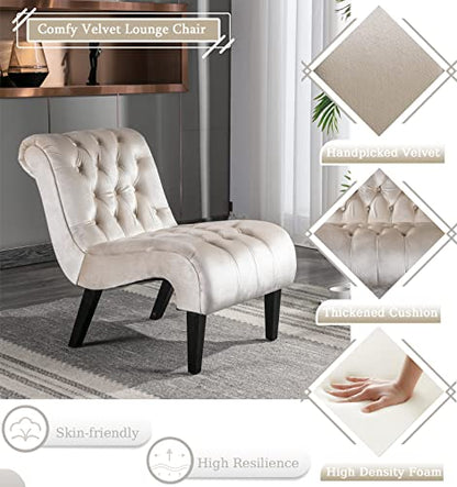 Comfy Velvet Accent Chair, Tufted Armless Side Chair with Rolled Edge | Modern Small Lounger for Living Room, Upholstered Reading Chaise Lounge with Solid Rubber Wood Legs, Beige - color: Beige, size: Set of 1
