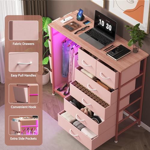 6 Drawer Dresser for Bedroom with Clothes Rack, Clothes Dresser with Side Pockets and Hooks, Charging Station & LED Lights, Wooden Top, Fabric Storage (Pink) - color: Pink