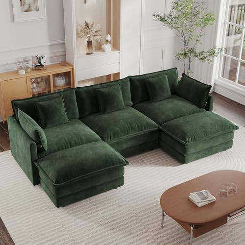 Modular Sectional Sofa, 111.5 Inch U Shaped Couch Set for Living Room, 3-Seater Comfy Cloud Couches with Movable Ottoman, DIY Combination, Chenille, Evergreen - color: Evergreen, size: 111.5 Inch- U