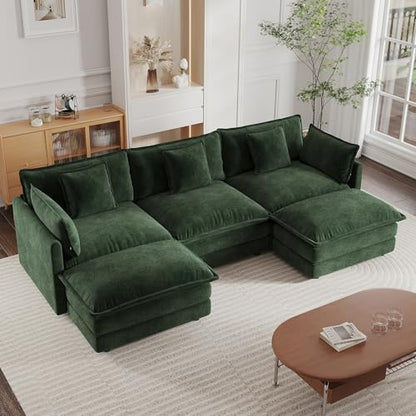 Modular Sectional Sofa, 111.5 Inch U Shaped Couch Set for Living Room, 3-Seater Comfy Cloud Couches with Movable Ottoman, DIY Combination, Chenille, Evergreen - color: Evergreen, size: 111.5 Inch- U