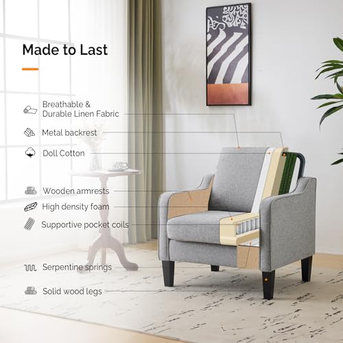VINGLI Accent Chairs for Living Room Mid Century Modern Chair Sofa Chair Upholstered Arm Chair with Scooped Arms for Bedroom, Apartment, Office, Studio, Waiting Room, Play Room - color: Grey