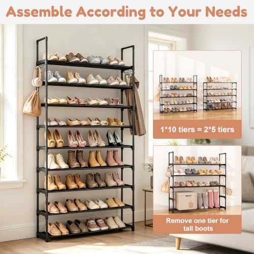 Shoe Rack for Entryway 10-Tiers Large Capacity Metal Shoe Rack Organizer with Two Hooks Holds 40-50 Pairs Shoes and Boots Free Standing Tall Shoe Shelf for Closet/Bedroom/Garage/Hallway Black