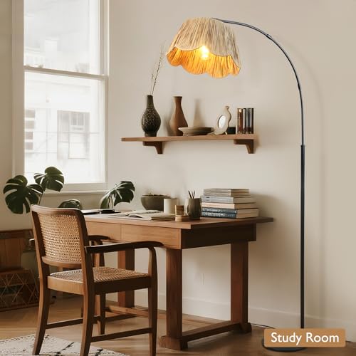 Boho Rattan Floor Lamps for Living Room,Arc Floor Lamp with Hand Woven Shade,70'' Tall Lamp with Black Metal Stand,Foot Switch,Farmhouse Standing Lamp for Bedroom,Over Couch Reading Light,Nursery