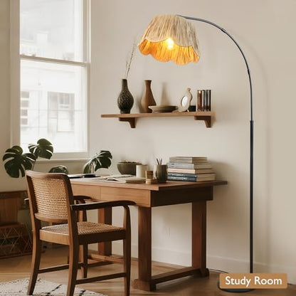 Boho Rattan Floor Lamps for Living Room,Arc Floor Lamp with Hand Woven Shade,70'' Tall Lamp with Black Metal Stand,Foot Switch,Farmhouse Standing Lamp for Bedroom,Over Couch Reading Light,Nursery