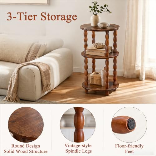 Small Round Narrow Side Table, 3-Tier End Table with Storage | 11.8″ x 11.8″ x 22.6″, Solid Wood Spindle Legs, Easy Assembly, No Tools Required, Vintage Style, Space-Saving, Easy to Clean
