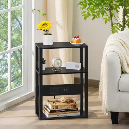 YUFAM 3-Tier Small Narrow Wood Side Table with Charging Station, Skinny Nightstand for Small Space, Slim Bedside Table with Storage for Couch, Thin End Table with USB Ports and Outlets, Black | Thin Side Table for Small Spaces, Slim End Table with USB and