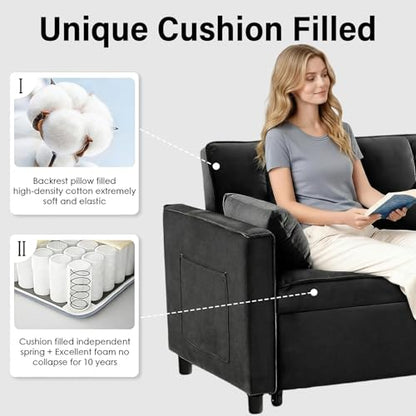 3 in 1 Convertible Sleeper Sofa Bed, Velvet Loveseat Futon Pull-Out Couch with Adjustable Reclining Backrest, Side Pockets and Pillows for Living Room, Bedroom, Apartment, Small Spaces (Black-Velvet) - color: Black-velvet