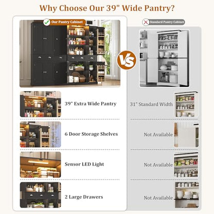 71"H Tall Kitchen Pantry Cabinet with LED Lights,39"W Modern Large Kitchen Hutch Cabinet w/6 Door Shelves,2 Large Drawer,Freestanding Food Pantry w/Adjustable Shelves for Kitchen,Dining Room,Black - color: Black