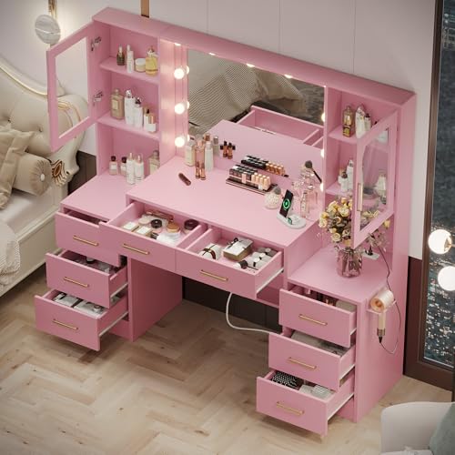 TOKSOM Large Pink Vanity Desk with Mirror and Charging Station, Makeup Desk with 8 Drawers, 2 Cabinets and Lots Storage, Dressing Table Vanity Set for Girls 58.3 inch - size: 58.3 inch, style: Modern Pink