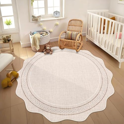 GarveeHome Scalloped Washable Small Round Rug 3ft Non-Slip Soft, Beige | Soft Boho Ultra-Thin Circle Low Pile Stain Resistant Carpet for Bedroom Entryway Kitchen Laundry Bathroom - color: Beige, size: 3' (Round)