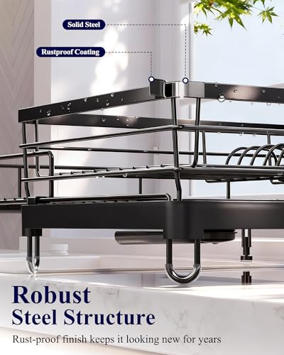 Kitsure Adjustable Dish Drying Rack, 15.6''-25.2''L × 16.9''W, Black | Large Dish Drying Rack, Rust-Resistant Dish Racks for Kitchen Counter, With Adjustable Support Legs, Cutlery Holder - color: Black